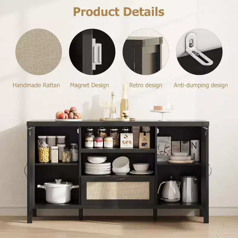 Acekool Buffet en rotin 120 cm, vaisselier avec portes, tiroir et étagère réglable, meuble de rangement bohème pour cuisine et salon, couleur bois