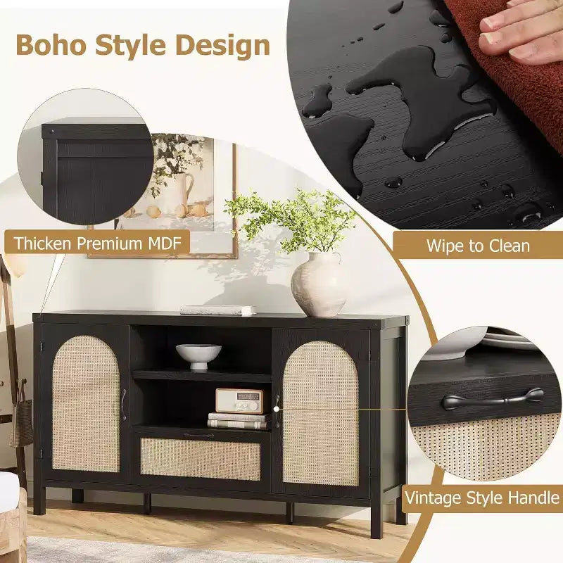 Acekool Buffet en rotin 120 cm, vaisselier avec portes, tiroir et étagère réglable, meuble de rangement bohème pour cuisine et salon, couleur bois
