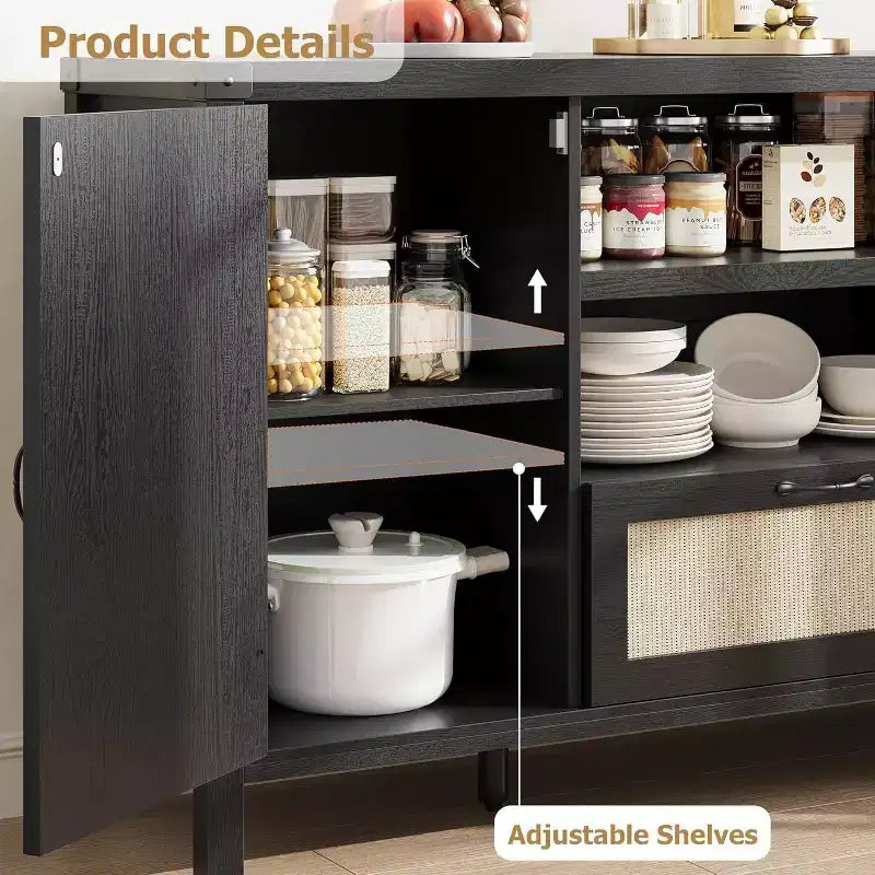Acekool Buffet en rotin 120 cm, vaisselier avec portes, tiroir et étagère réglable, meuble de rangement bohème pour cuisine et salon, couleur bois