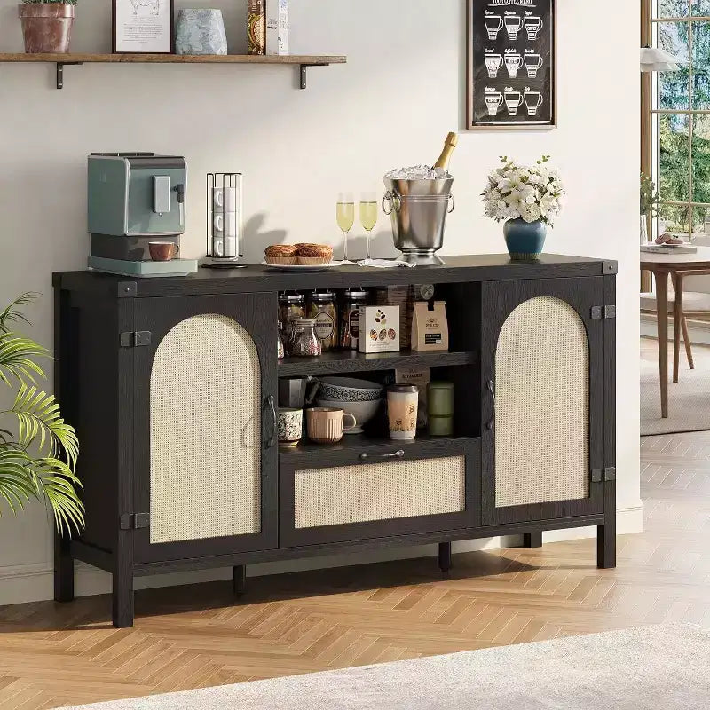Acekool Buffet en rotin 120 cm, vaisselier avec portes, tiroir et étagère réglable, meuble de rangement bohème pour cuisine et salon, couleur bois