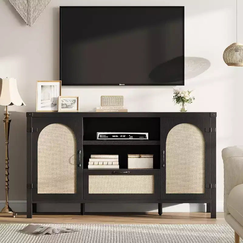 Acekool Buffet en rotin 120 cm, vaisselier avec portes, tiroir et étagère réglable, meuble de rangement bohème pour cuisine et salon, couleur bois