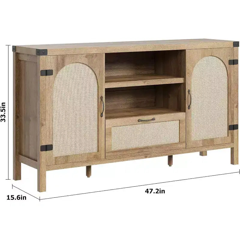 Acekool Buffet en rotin 120 cm, vaisselier avec portes, tiroir et étagère réglable, meuble de rangement bohème pour cuisine et salon, couleur bois