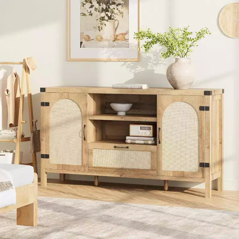 Acekool Buffet en rotin 120 cm, vaisselier avec portes, tiroir et étagère réglable, meuble de rangement bohème pour cuisine et salon, couleur bois