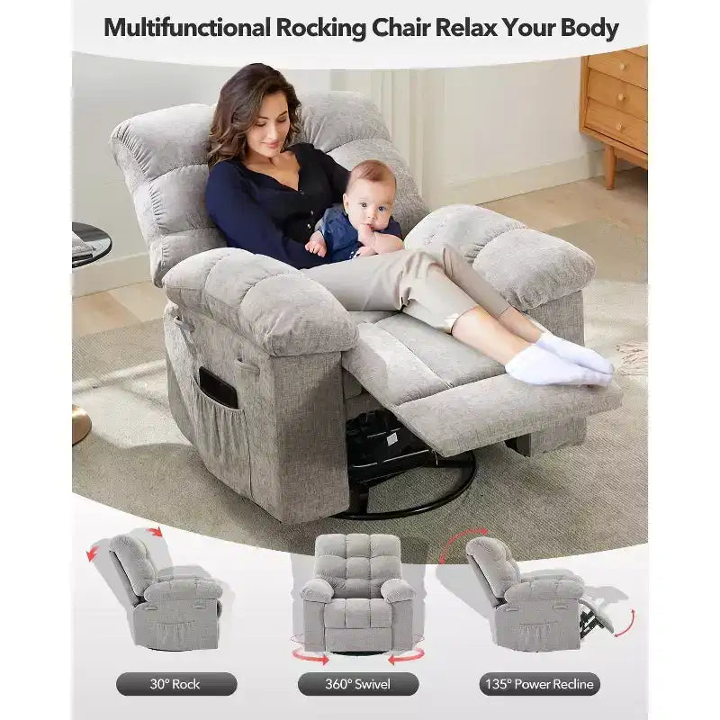 Fauteuil inclinable pivotant Acekool avec rotation à 360°, bascule à 30° et inclinaison à 135°, revêtement en chenille et cadre en acier pour petits espaces