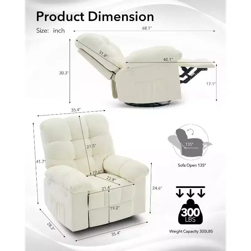 Fauteuil inclinable pivotant Acekool avec rotation à 360°, bascule à 30° et inclinaison à 135°, revêtement en chenille et cadre en acier pour petits espaces