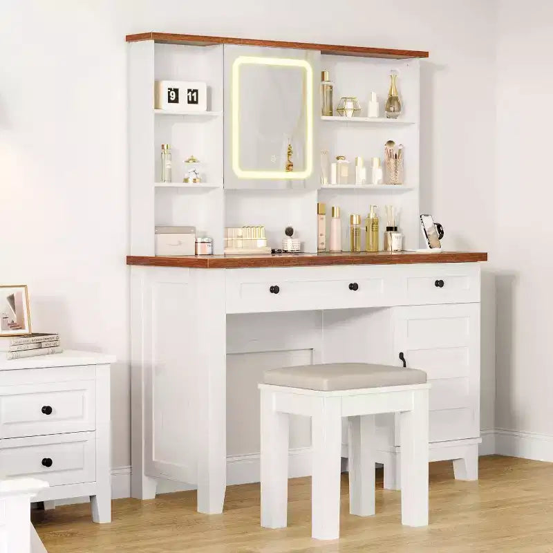 Acekool 42 Coiffeuse avec Miroir Éclairé, Station de Recharge, Plateau en Verre, Tiroir de Rangement, Tabouret Rembourré, pour Chambre à Coucher, Marron et Blanc
