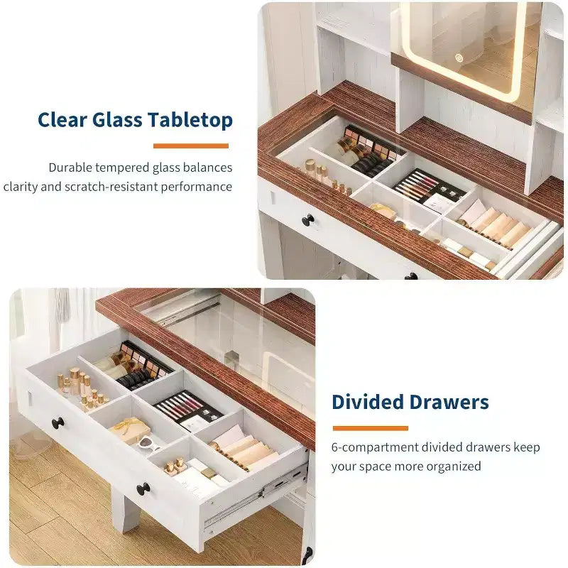 Acekool 42 Coiffeuse avec Miroir Éclairé, Station de Recharge, Plateau en Verre, Tiroir de Rangement, Tabouret Rembourré, pour Chambre à Coucher, Marron et Blanc