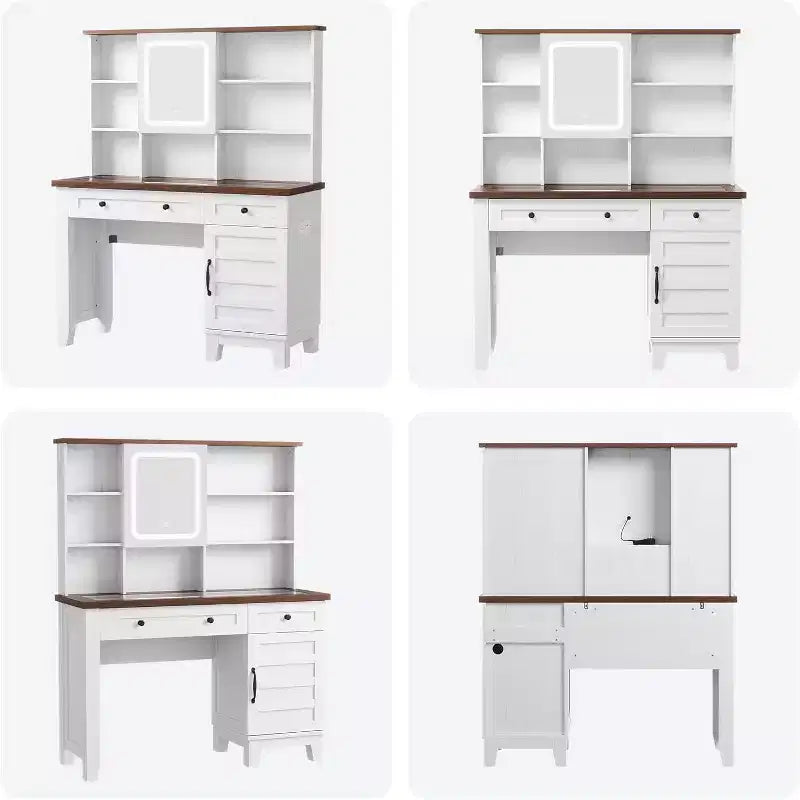 Acekool 42 Coiffeuse avec Miroir Éclairé, Station de Recharge, Plateau en Verre, Tiroir de Rangement, Tabouret Rembourré, pour Chambre à Coucher, Marron et Blanc