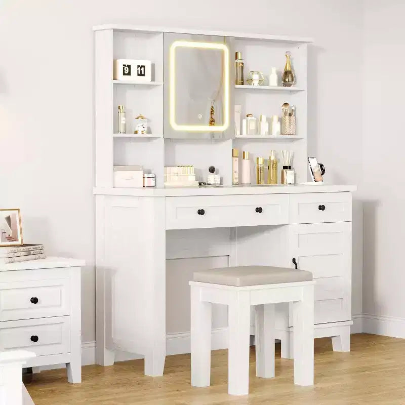 Acekool 42 Coiffeuse avec Miroir Éclairé, Station de Recharge, Plateau en Verre, Tiroir de Rangement, Tabouret Rembourré, pour Chambre à Coucher, Marron et Blanc