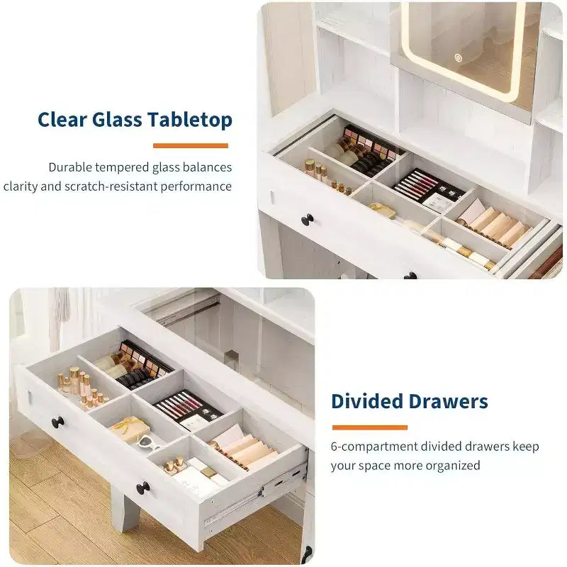Acekool 42 Coiffeuse avec Miroir Éclairé, Station de Recharge, Plateau en Verre, Tiroir de Rangement, Tabouret Rembourré, pour Chambre à Coucher, Marron et Blanc