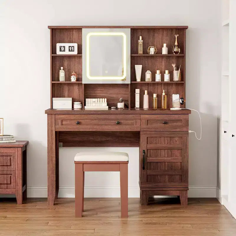 Acekool 42 Coiffeuse avec Miroir Éclairé, Station de Recharge, Plateau en Verre, Tiroir de Rangement, Tabouret Rembourré, pour Chambre à Coucher, Marron et Blanc