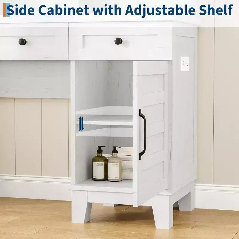 Acekool 42 Coiffeuse avec Miroir Éclairé, Station de Recharge, Plateau en Verre, Tiroir de Rangement, Tabouret Rembourré, pour Chambre à Coucher, Marron et Blanc
