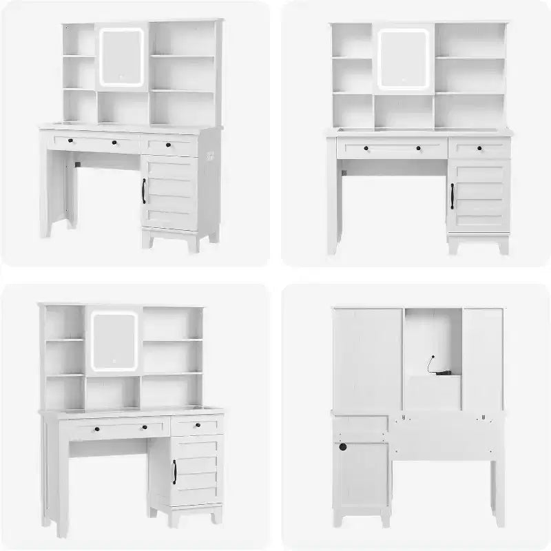 Acekool 42 Coiffeuse avec Miroir Éclairé, Station de Recharge, Plateau en Verre, Tiroir de Rangement, Tabouret Rembourré, pour Chambre à Coucher, Marron et Blanc