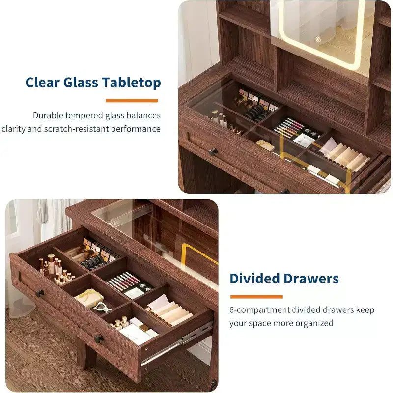 Acekool 42 Coiffeuse avec Miroir Éclairé, Station de Recharge, Plateau en Verre, Tiroir de Rangement, Tabouret Rembourré, pour Chambre à Coucher, Marron et Blanc