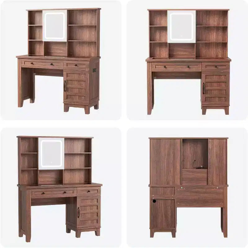 Acekool 42 Coiffeuse avec Miroir Éclairé, Station de Recharge, Plateau en Verre, Tiroir de Rangement, Tabouret Rembourré, pour Chambre à Coucher, Marron et Blanc