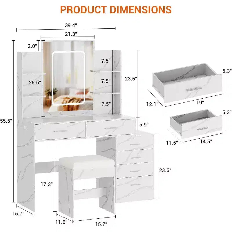 Ensemble de coiffeuse Acekool avec miroir LED, ports de charge, 6 tiroirs, étagères, support pour sèche-cheveux et tabouret, éclairage réglable, blanc