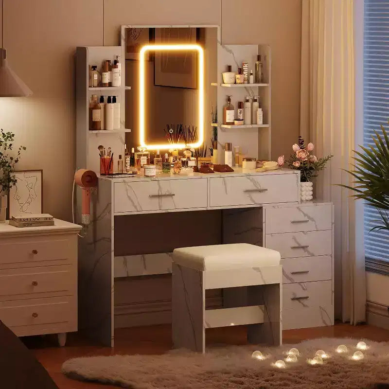 Ensemble de coiffeuse Acekool avec miroir LED, ports de charge, 6 tiroirs, étagères, support pour sèche-cheveux et tabouret, éclairage réglable, blanc