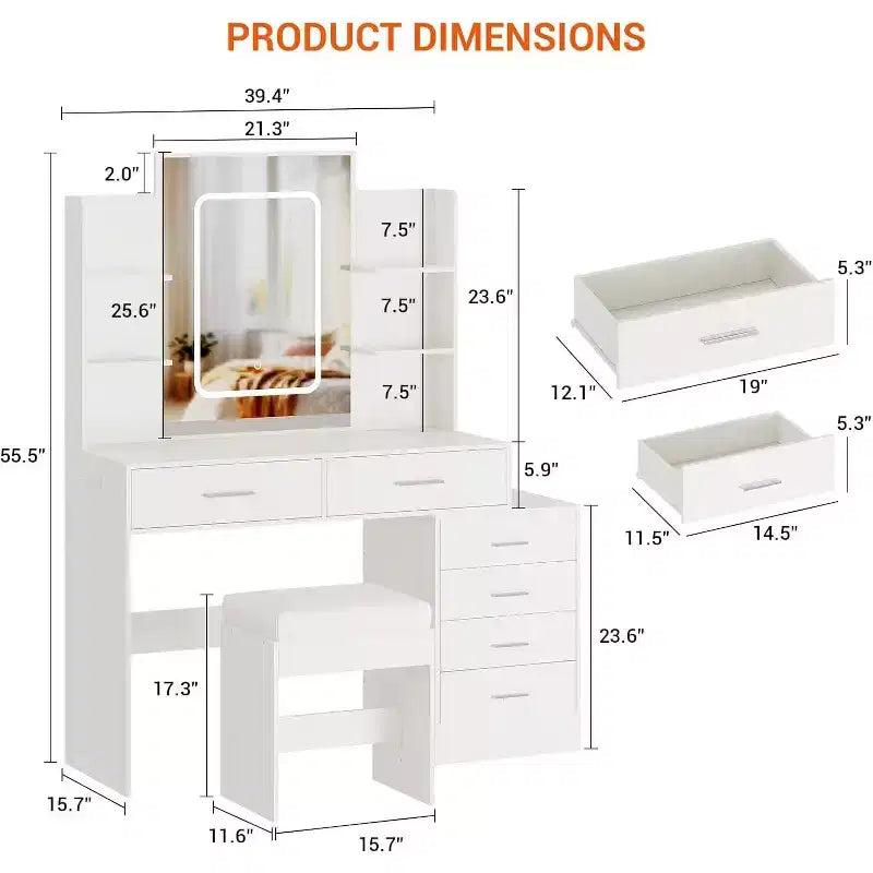 Ensemble de coiffeuse Acekool avec miroir LED, ports de charge, 6 tiroirs, étagères, support pour sèche-cheveux et tabouret, éclairage réglable, blanc