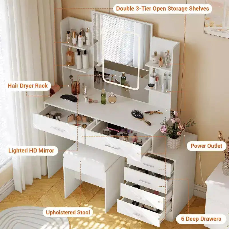 Ensemble de coiffeuse Acekool avec miroir LED, ports de charge, 6 tiroirs, étagères, support pour sèche-cheveux et tabouret, éclairage réglable, blanc