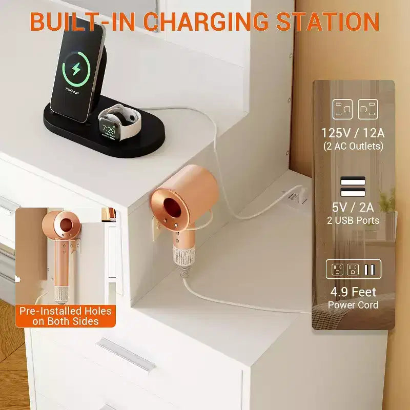 Ensemble de coiffeuse Acekool avec miroir LED, ports de charge, 6 tiroirs, étagères, support pour sèche-cheveux et tabouret, éclairage réglable, blanc