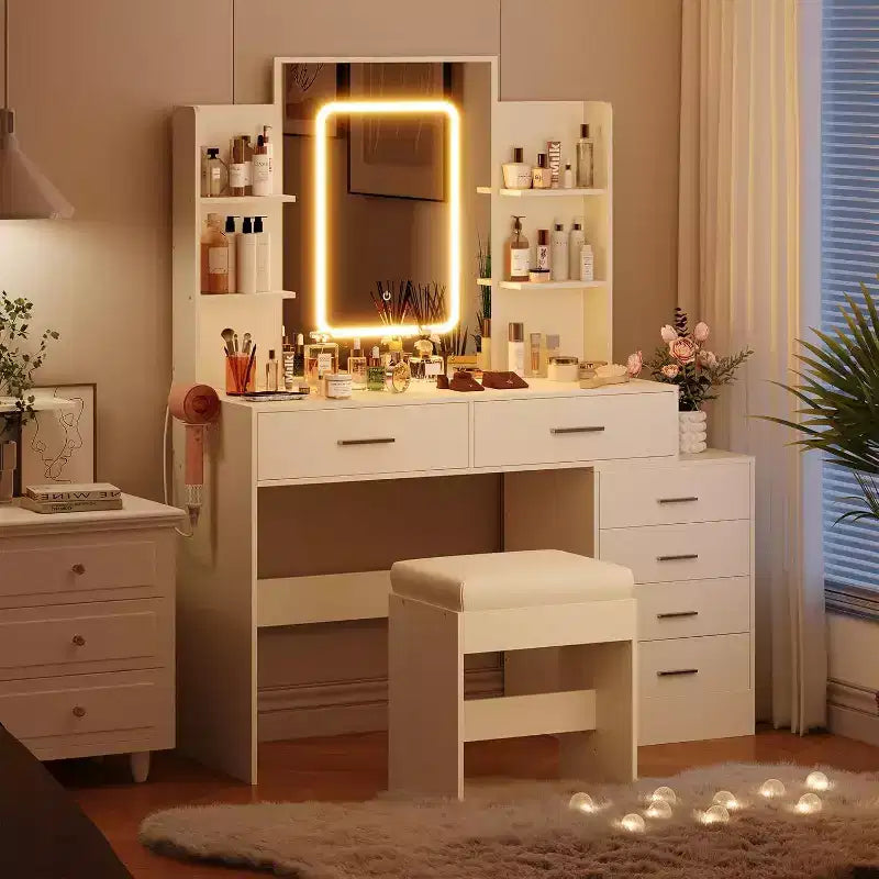 Ensemble de coiffeuse Acekool avec miroir LED, ports de charge, 6 tiroirs, étagères, support pour sèche-cheveux et tabouret, éclairage réglable, blanc