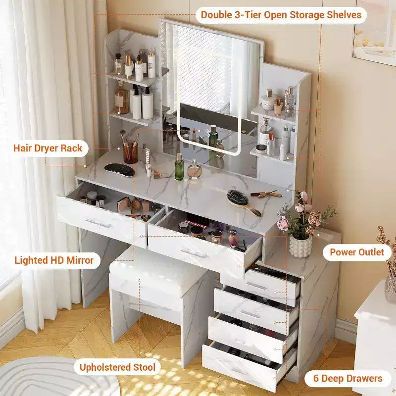 Ensemble de coiffeuse Acekool avec miroir LED, ports de charge, 6 tiroirs, étagères, support pour sèche-cheveux et tabouret, éclairage réglable, blanc