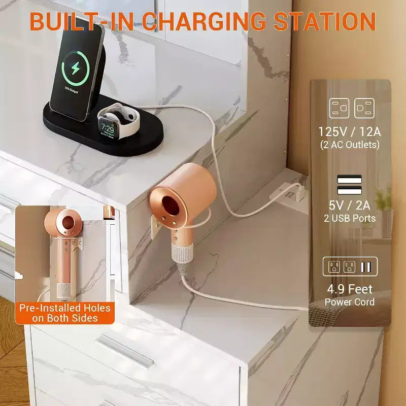 Ensemble de coiffeuse Acekool avec miroir LED, ports de charge, 6 tiroirs, étagères, support pour sèche-cheveux et tabouret, éclairage réglable, blanc