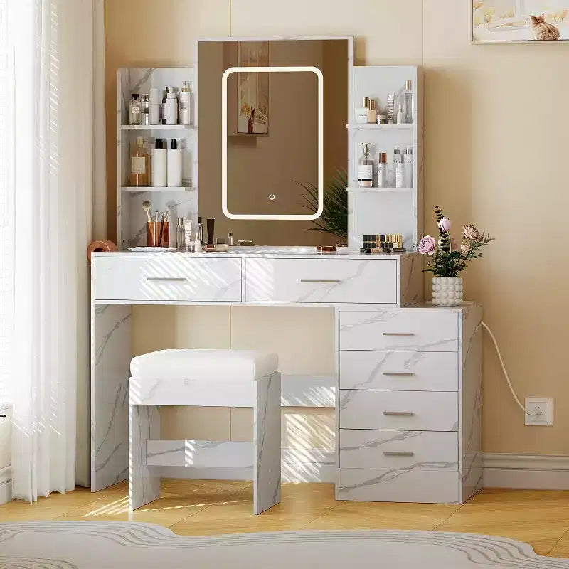 Ensemble de coiffeuse Acekool avec miroir LED, ports de charge, 6 tiroirs, étagères, support pour sèche-cheveux et tabouret, éclairage réglable, blanc