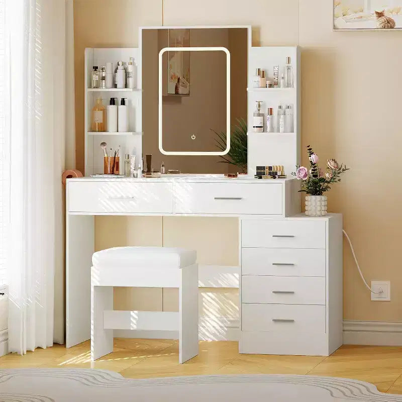 Ensemble de coiffeuse Acekool avec miroir LED, ports de charge, 6 tiroirs, étagères, support pour sèche-cheveux et tabouret, éclairage réglable, blanc