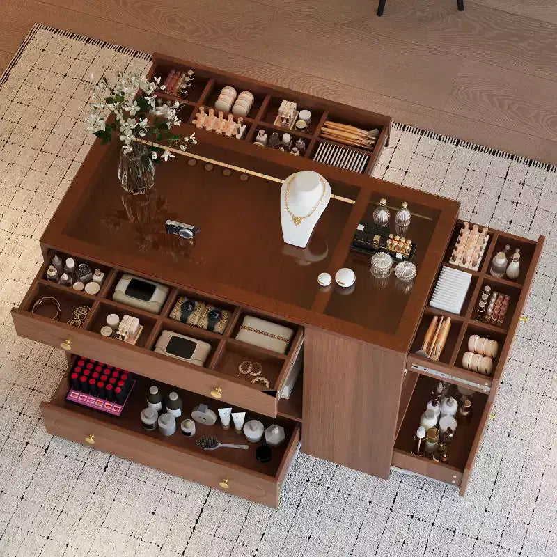 Îlot de placard avec 6 tiroirs, commode avec plateau en verre et étagères ouvertes, meuble de rangement pour bijoux – ModernLuxe