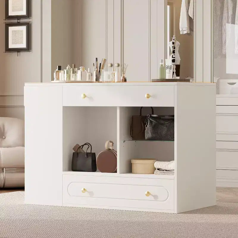 Îlot de placard avec 6 tiroirs, commode avec plateau en verre et étagères ouvertes, meuble de rangement pour bijoux – ModernLuxe