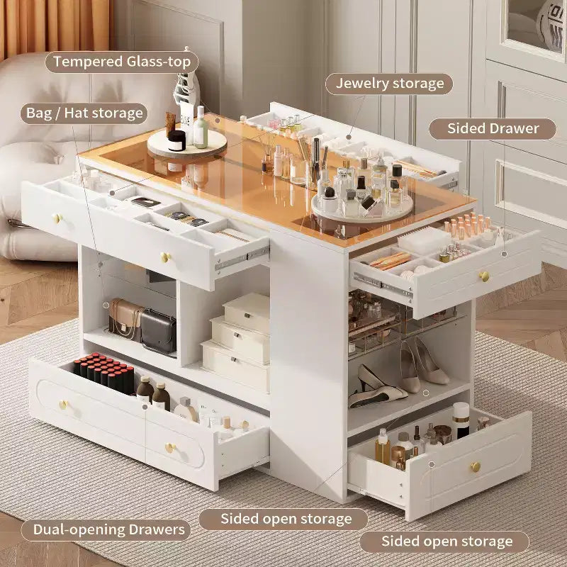 Îlot de placard avec 6 tiroirs, commode avec plateau en verre et étagères ouvertes, meuble de rangement pour bijoux – ModernLuxe