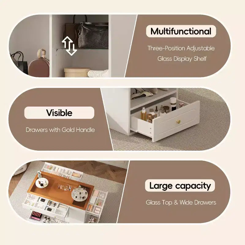 Îlot de placard avec 6 tiroirs, commode avec plateau en verre et étagères ouvertes, meuble de rangement pour bijoux – ModernLuxe