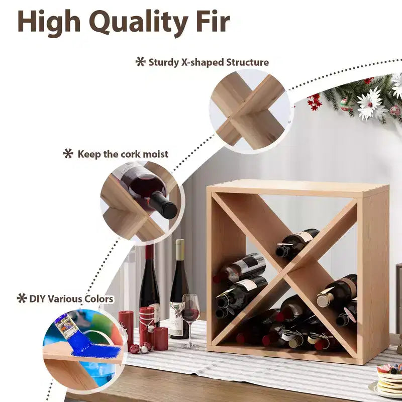Sandinrayli Casier à vin modulaire empilable 4 pièces de 24 bouteilles, étagère de présentation en bois autoportante, cube de rangement pour bar, cave, cuisine
