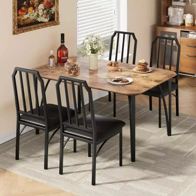 Ensemble table à manger et 4 chaises - Table de cuisine compacte 5 pièces avec design chanfreiné, marron rustique