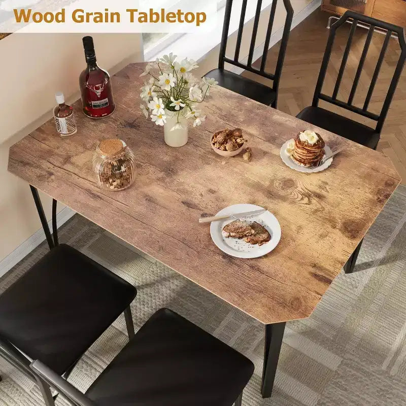 Ensemble table à manger et 4 chaises - Table de cuisine compacte 5 pièces avec design chanfreiné, marron rustique