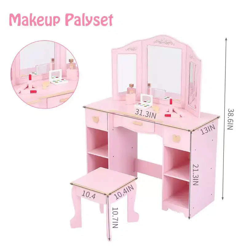GustoWave Bophy Ensemble Table et Chaise de Coiffeuse pour Filles, Coiffeuse de Maquillage pour Enfants avec Jouet en Bois de Maquillage, Ensemble de Coiffeuse pour Enfants avec Miroir et Tiroir