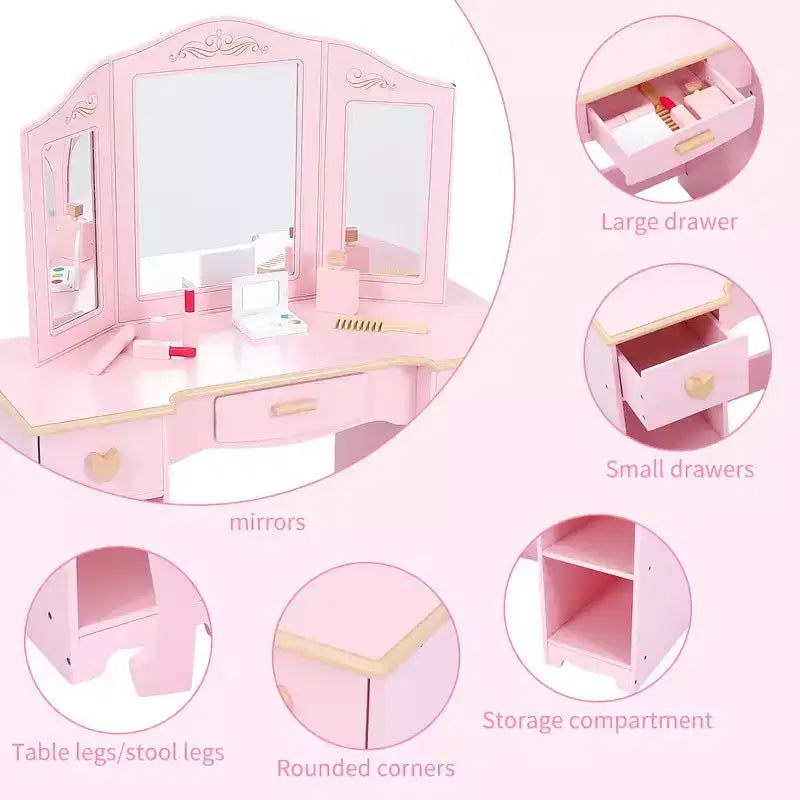 GustoWave Bophy Ensemble Table et Chaise de Coiffeuse pour Filles, Coiffeuse de Maquillage pour Enfants avec Jouet en Bois de Maquillage, Ensemble de Coiffeuse pour Enfants avec Miroir et Tiroir