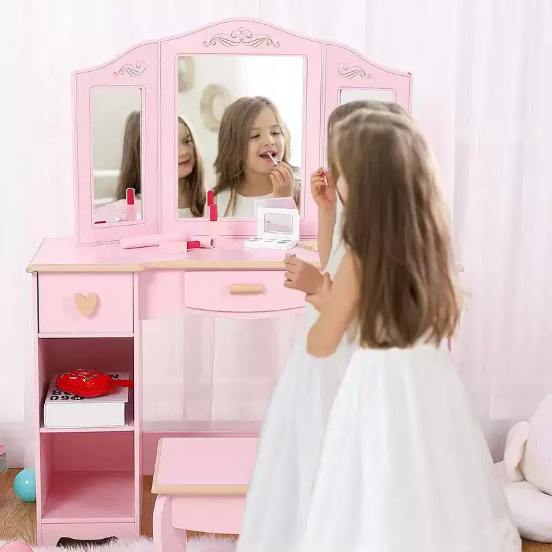 GustoWave Bophy Ensemble Table et Chaise de Coiffeuse pour Filles, Coiffeuse de Maquillage pour Enfants avec Jouet en Bois de Maquillage, Ensemble de Coiffeuse pour Enfants avec Miroir et Tiroir