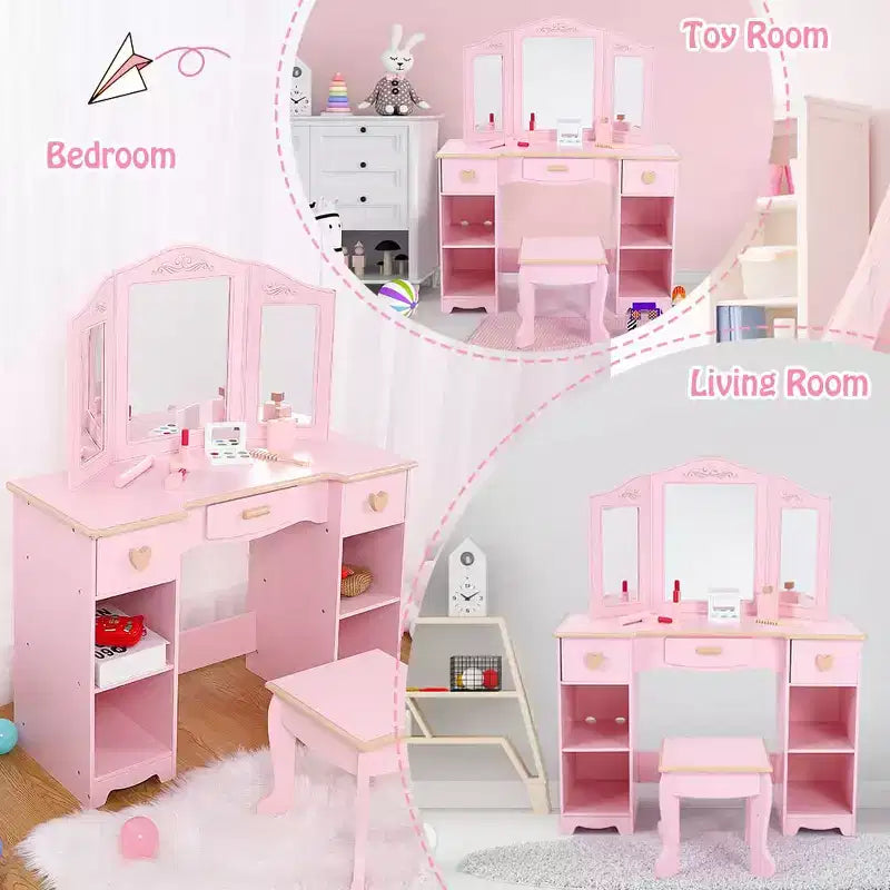 GustoWave Bophy Ensemble Table et Chaise de Coiffeuse pour Filles, Coiffeuse de Maquillage pour Enfants avec Jouet en Bois de Maquillage, Ensemble de Coiffeuse pour Enfants avec Miroir et Tiroir