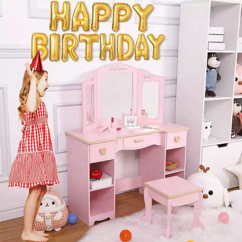 GustoWave Bophy Ensemble Table et Chaise de Coiffeuse pour Filles, Coiffeuse de Maquillage pour Enfants avec Jouet en Bois de Maquillage, Ensemble de Coiffeuse pour Enfants avec Miroir et Tiroir