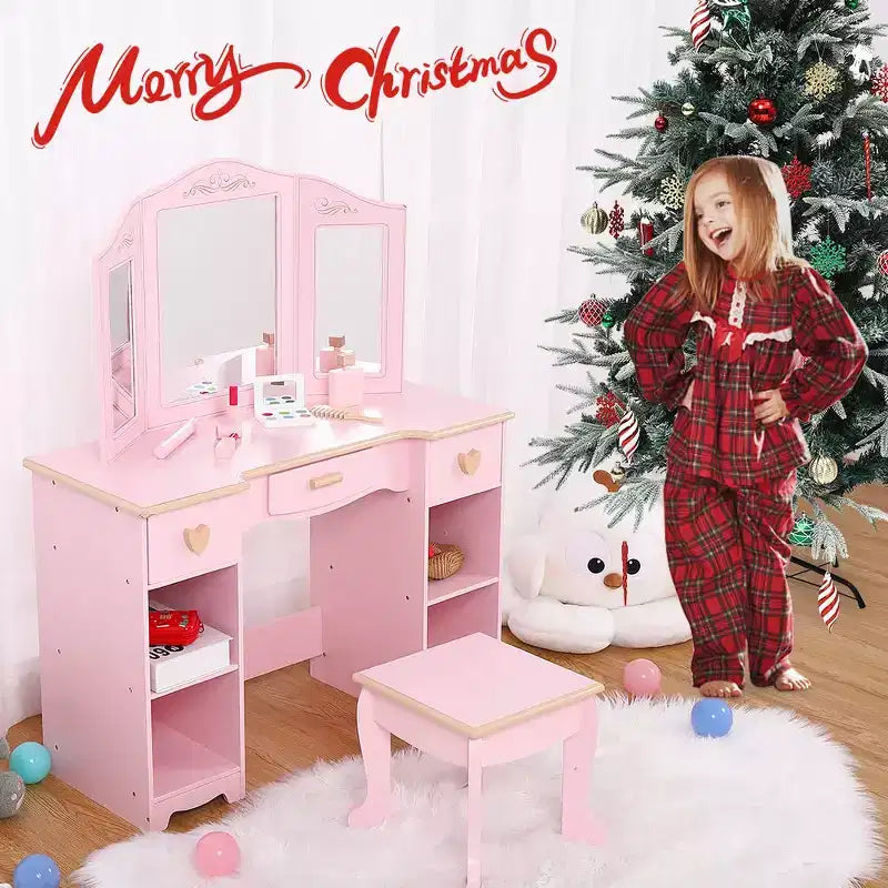 GustoWave Bophy Ensemble Table et Chaise de Coiffeuse pour Filles, Coiffeuse de Maquillage pour Enfants avec Jouet en Bois de Maquillage, Ensemble de Coiffeuse pour Enfants avec Miroir et Tiroir