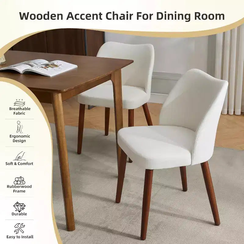 Lot de 2 chaises de salle à manger, chaises de cuisine rembourrées en lin avec pieds en bois massif, dossier ailé, pour salle à manger, salon