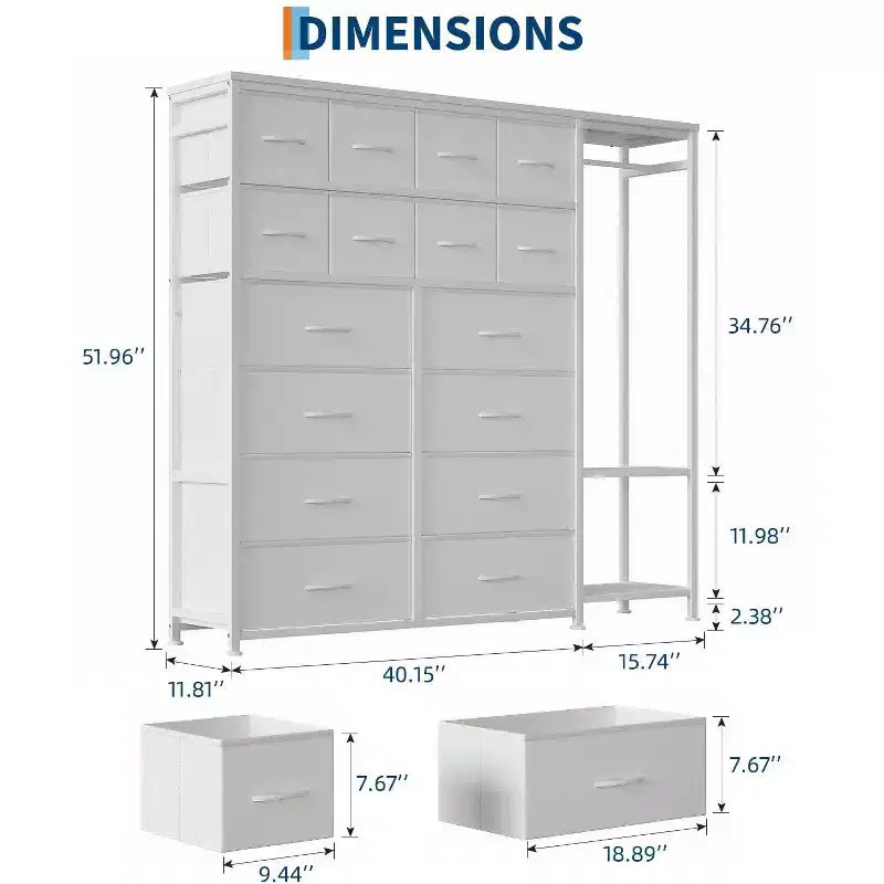 Commode GustoWave avec 16 tiroirs, tringle à vêtements et étagères, organisateur de rangement en tissu pour chambre à coucher, placard ou entrée