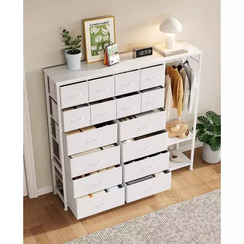 Commode GustoWave avec 16 tiroirs, tringle à vêtements et étagères, organisateur de rangement en tissu pour chambre à coucher, placard ou entrée