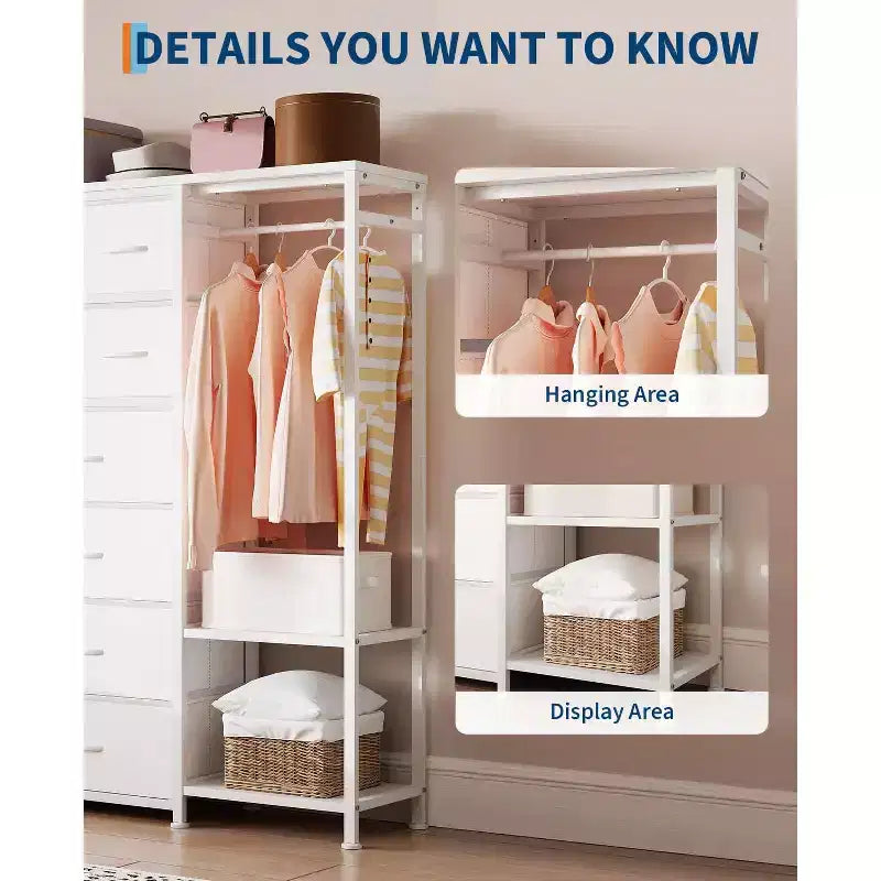 Commode GustoWave avec 16 tiroirs, tringle à vêtements et étagères, organisateur de rangement en tissu pour chambre à coucher, placard ou entrée