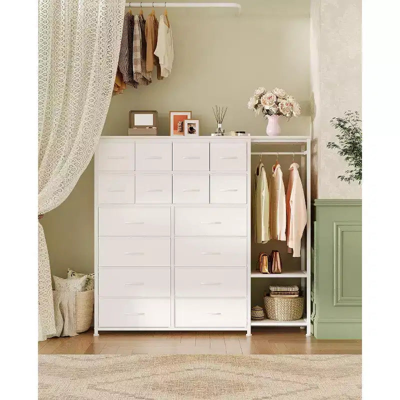 Commode GustoWave avec 16 tiroirs, tringle à vêtements et étagères, organisateur de rangement en tissu pour chambre à coucher, placard ou entrée