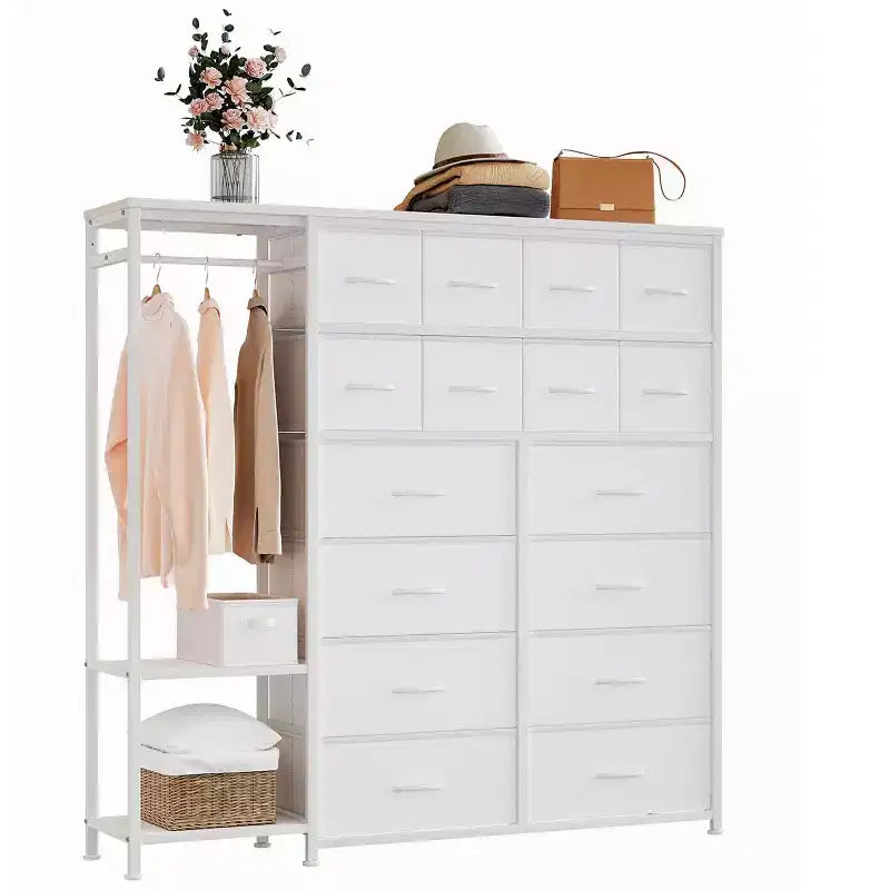 Commode GustoWave avec 16 tiroirs, tringle à vêtements et étagères, organisateur de rangement en tissu pour chambre à coucher, placard ou entrée