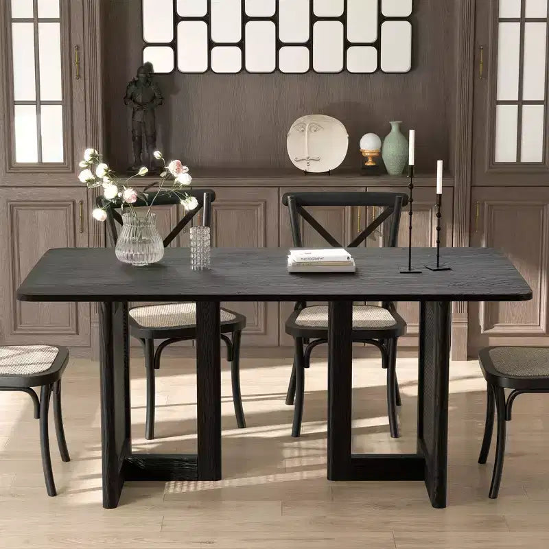PexFix 67 x 33.5 Table de Salle à Manger de Ferme Meuble Table de Cuisine Carrée Noire avec Pieds en Rotin Tressé pour Cuisine Bar Salon