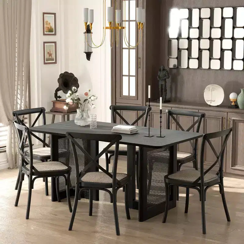 PexFix 67 x 33.5 Table de Salle à Manger de Ferme Meuble Table de Cuisine Carrée Noire avec Pieds en Rotin Tressé pour Cuisine Bar Salon